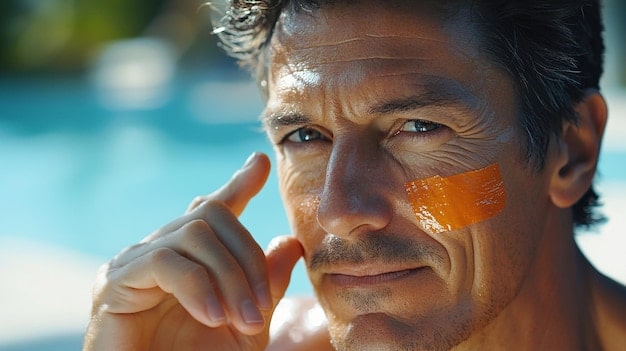 A man applying sunscreen to his face while outdoors, highlighting the importance of sun protection in anti-aging skincare. The background shows a sunny, outdoor scene.