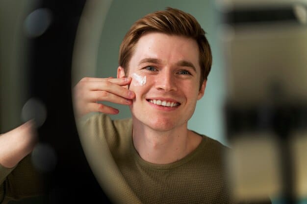 A man applying a tinted moisturizer to his face, looking into a mirror, with a natural light setting. The product appears lightweight and blends easily.