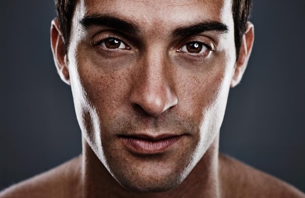 A close-up shot of a man's face, showing an improvement in skin texture and clarity after using one of the tested skincare sets. The focus is on the reduction of blemishes and improved hydration. We Tested 7 New Men's Skincare Sets: Find Out Which One Showed Visible Results in 30 Days.