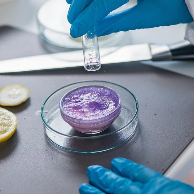 A laboratory setting with a scientist examining a petri dish containing skin cells. Focus on the petri dish with a clear, scientific representation of peptide interaction with skin cells, suggesting the process of collagen stimulation. A bottle of Is the Hype Real? A Review of the New Anti-Aging Serum Z and Its 10% Peptide Complex is subtly visible in the background.