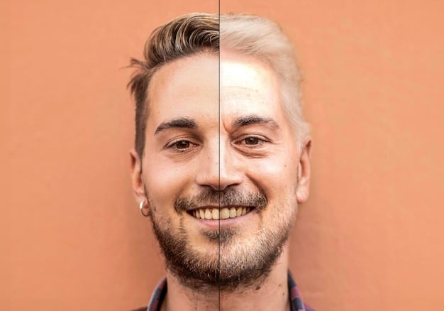 A split image showing a man's face before and after applying the men's foundation. The 