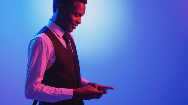 A man holding a sleek, handheld device that is emitting a soft, blue light onto his beard. The device has a minimalist design with a small digital display. The background is a modern, well-lit bathroom with high-end fixtures. The image is for The Best New Men's Grooming Gadgets of 2025: Are They Worth the Investment?.