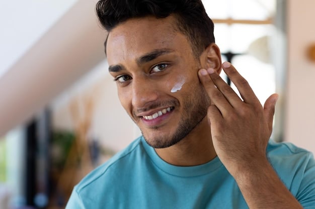 A man applying a cream to his face while looking at the screen of a smart mirror. The smart mirror is displaying information about his skin, such as moisture levels and areas of concern. The background is a bright, minimalist bathroom with clean lines. The image is for The Best New Men's Grooming Gadgets of 2025: Are They Worth the Investment?.