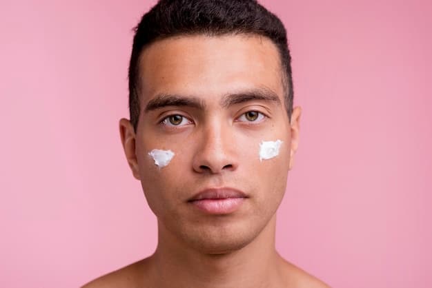 A split image showing a man's face before and after applying eye cream. The before image shows visible dark circles, while the after image shows a reduction in dark circles and a brighter under-eye area. The man is smiling slightly, indicating satisfaction.