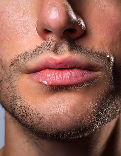A macro shot of a close-up of a man's lips, with a clear, water-based lip balm being applied. The focus is on the texture of the balm and how it blends into the skin, emphasizing the hydrating qualities.