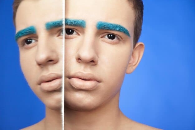 A split-screen image showing a man's eyebrows before and after using clear brow gel. The 
