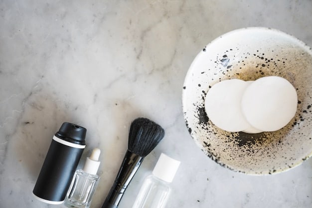 A detailed flat lay of various men's grooming products, including a high-quality powder brush, a compact powder, and a setting spray, all aesthetically arranged on a clean, minimalist surface.