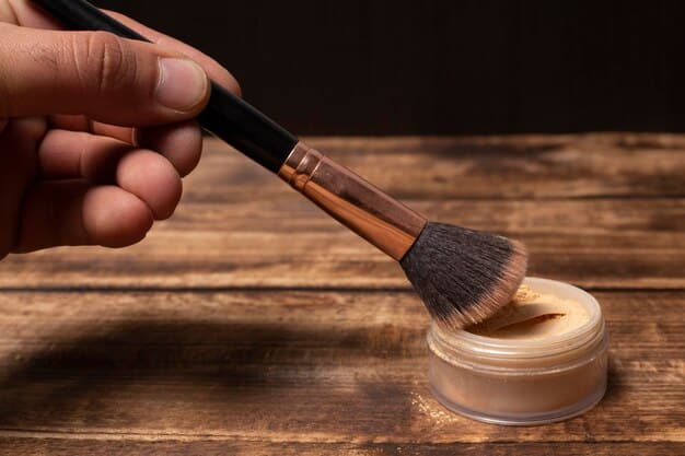A close-up of a man's hand holding a Sephora Collection PRO Foundation Brush #47, gently buffing a tinted moisturizer onto his cheek. His skin is clear and the product is blending seamlessly, with soft natural light illuminating the scene.
